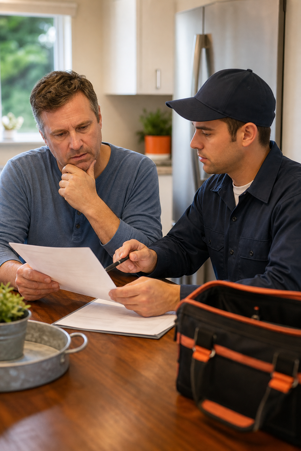 A photorealistic close-up of a homeowner reviewing a written HVAC service estimate at a kitchen table with a technician across from them, natural indoor lighting, no phone numbers visible. Alt: Homeowner reviewing air duct cleaning quote with technician to verify fair pricing.