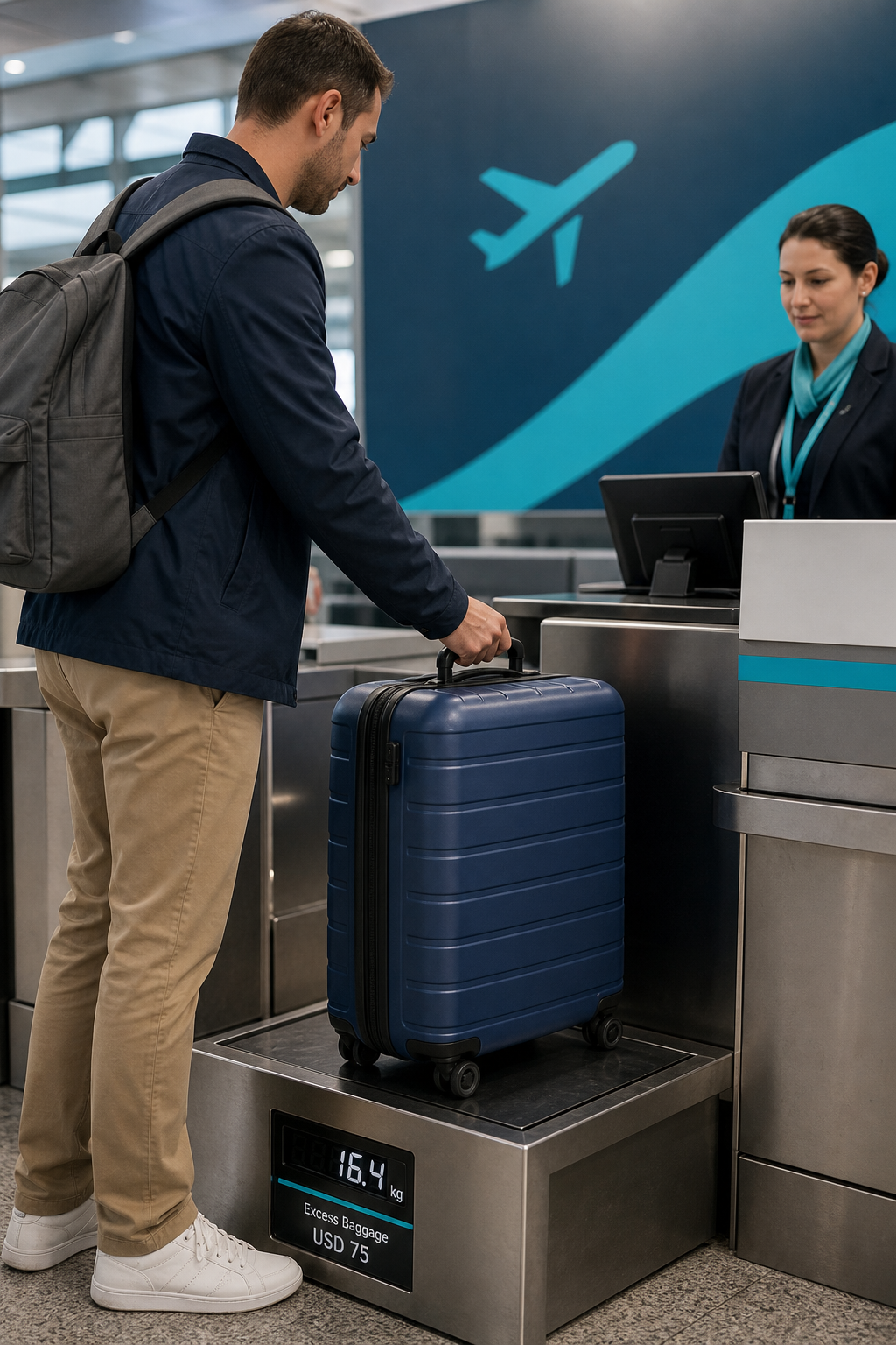 A traveler at an airport check-in counter placing a suitcase on a scale, with an airline sign in the background. Alt: Airline baggage check-in process showing bag weight and fee.