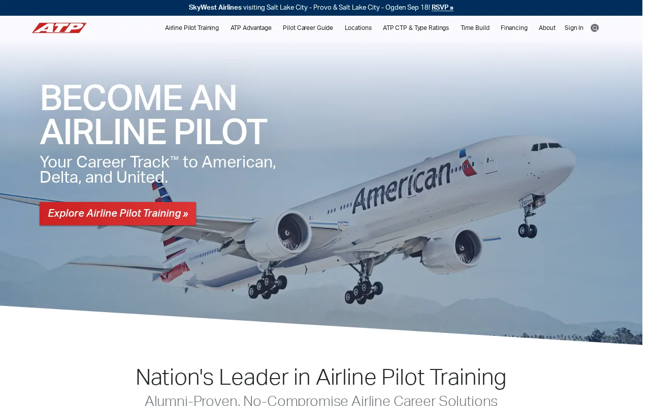 Screenshot of the ATP Flight School Airline Career Pilot Program and Flex Commercial Pilot Program website