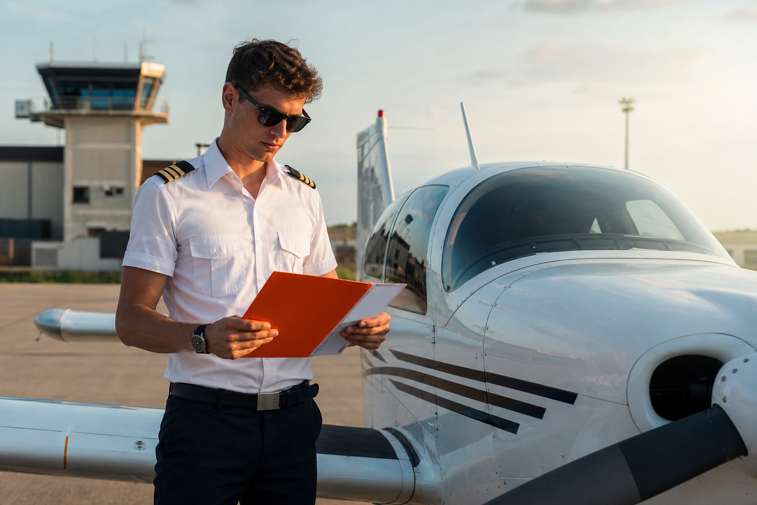 aspiring pilot checking basic airline pilot requirements beside a training airplane.