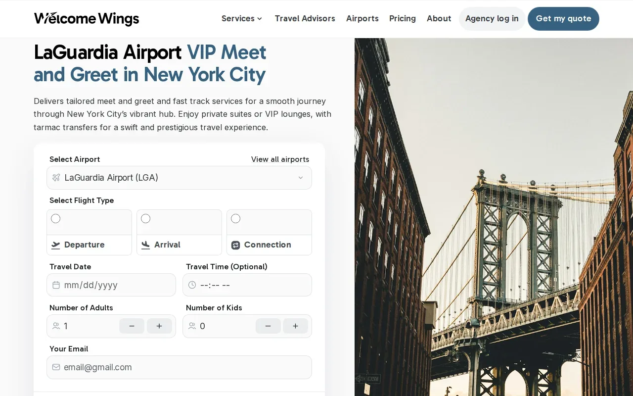 Screenshot of the Welcome Wings website