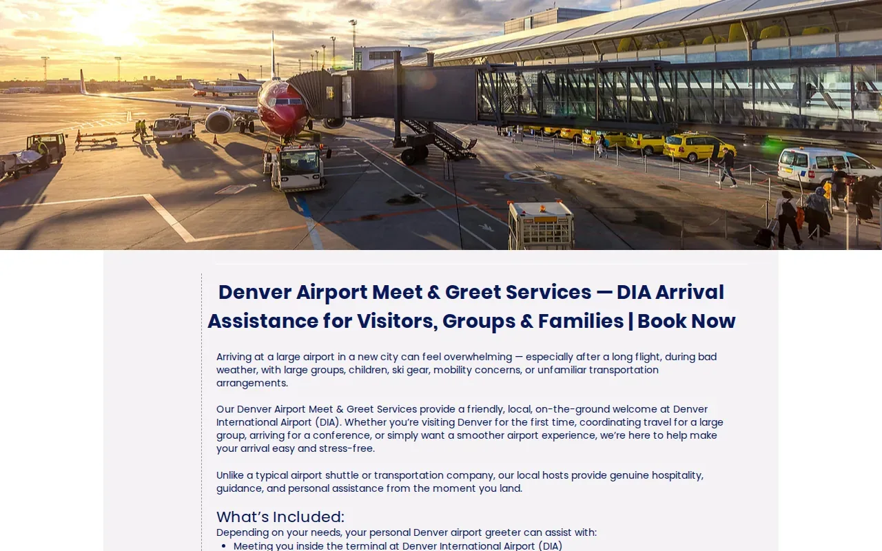 Screenshot of the Denver Airport Meet & Greet Services website