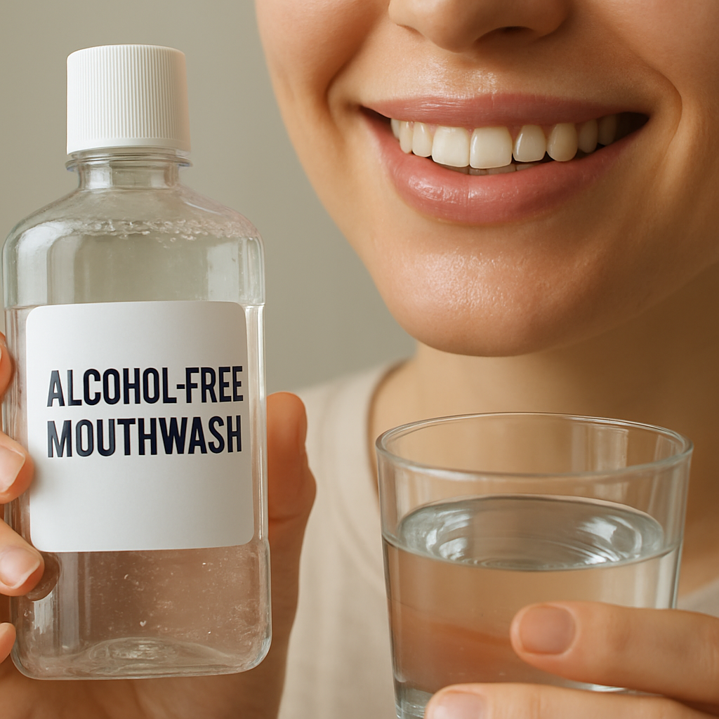 A photorealistic close‑up of a smiling person holding a clear, alcohol‑free mouthwash bottle beside a glass of water, with visible droplets of moisture on the lips, soft natural lighting highlighting the fresh, hydrated look of the mouth. Alt: Alcohol free mouthwash benefits – reduced dry mouth and fresh breath.