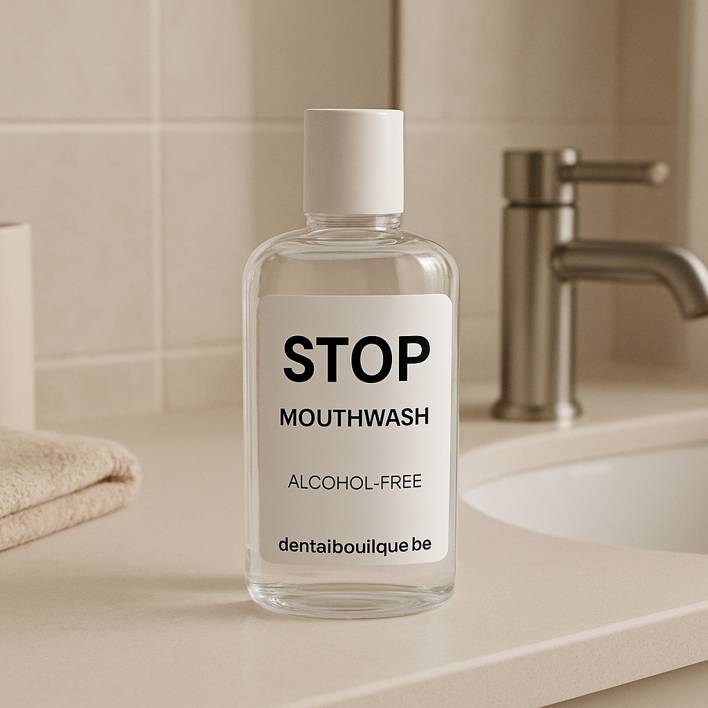 A calm bathroom setting with a sleek bottle of STOP Mouthwash on the counter. Alt: Alcohol‑free mouthwash bottle on a bathroom shelf.