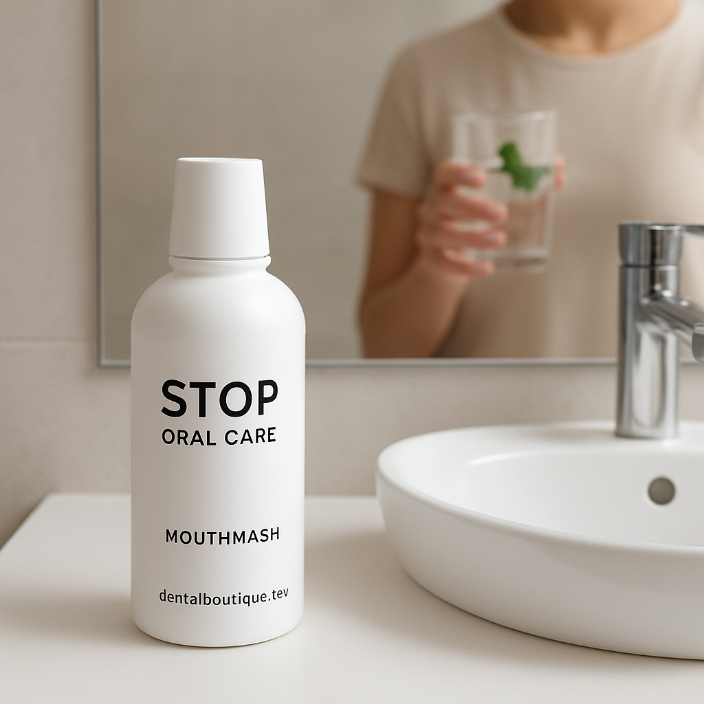 A modern bathroom setup with a sleek Stop Oral Care bottle, a bright countertop, a mirror reflecting the product, with a person holding a glass of water and a mint leaf in the background. Alt: Stop Oral Care mouthwash bottle next to a mirror in a contemporary bathroom.
