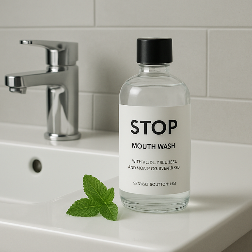 A modern bathroom sink with a sleek STOP mouthwash bottle beside a mint leaf, highlighting natural ingredients. Alt: Stop mouthwash with CBD, xylitol, and Dead Sea minerals in a bathroom setting.