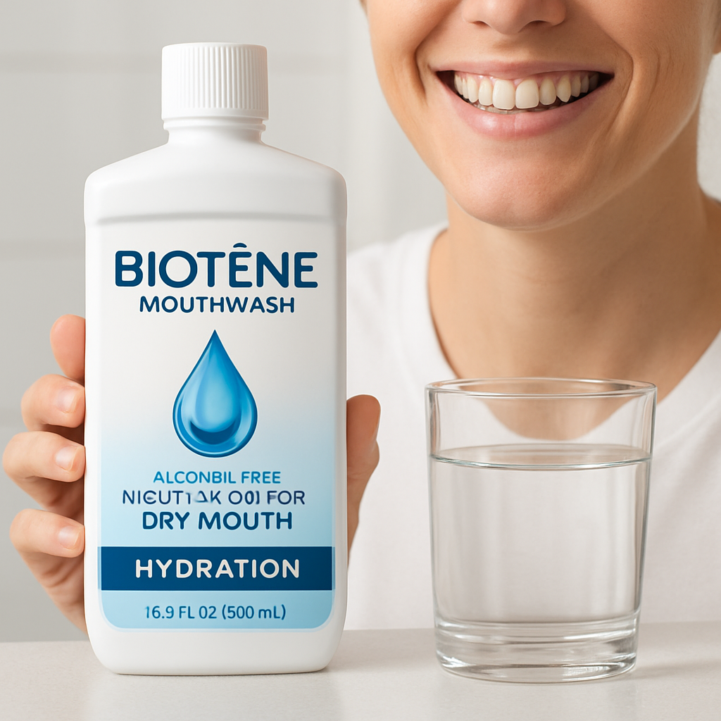 A close‑up of a smiling person holding a Biotène bottle beside a glass of water, bright bathroom lighting. Alt: Alcohol free mouthwash for dry mouth hydration.