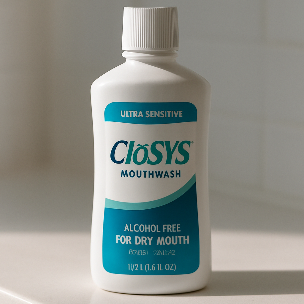 A close‑up of a sleek CloSYS Ultra Sensitive Mouthwash bottle on a white bathroom counter, soft morning light highlighting the label. Alt: Alcohol‑free mouthwash for dry mouth – CloSYS refreshing choice.