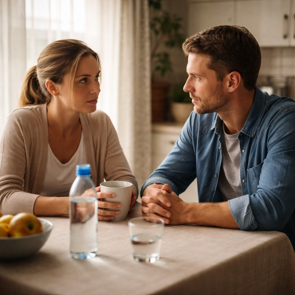 A photorealistic scene of a couple sitting at a modest kitchen table, soft natural light, one person holding a cup of tea, the other listening attentively, a clear bottle of water visible, creating a calm, safe conversation space. Alt: safe conversation space for alcoholic spouse help