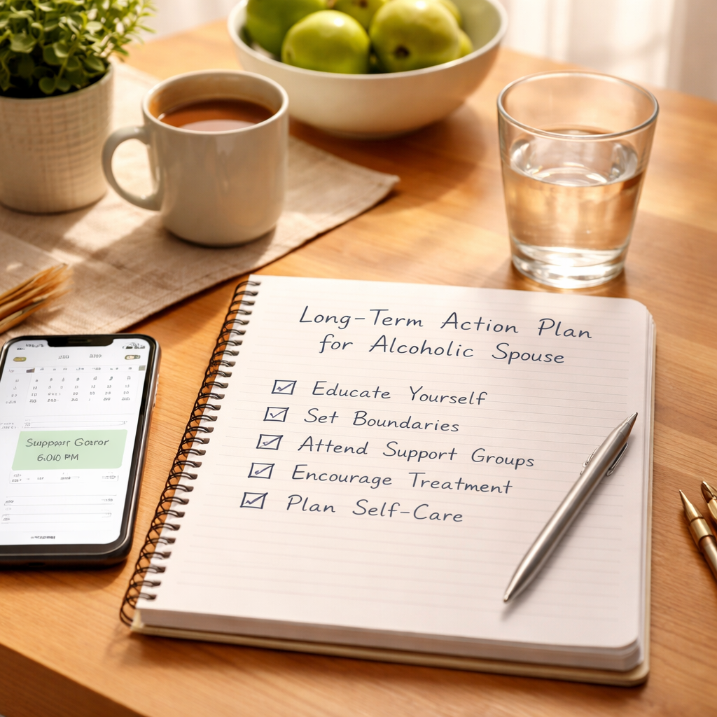 A realistic photo of a calm kitchen table with a notebook, a phone showing a calendar reminder, and a glass of water, representing a long‑term action plan for families dealing with an alcoholic spouse. Alt: Long-term action plan for alcoholic spouse help