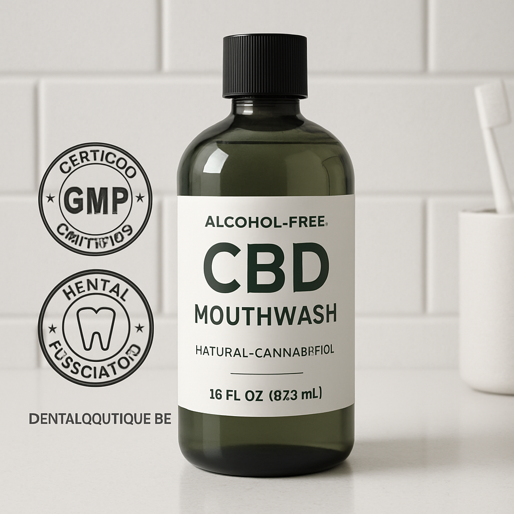 A close‑up of a sleek bottle of alcohol‑free CBD mouthwash beside a certified GMP seal and a dental association logo on a white bathroom counter. Alt: Alcohol‑free CBD mouthwash safety certifications and dental recommendation visual.
