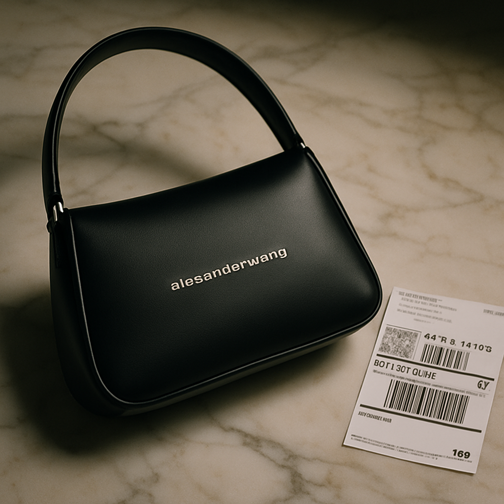 A sleek Alexander Wang bag sitting on a marble surface with a UPS shipping label beside it. Alt: Alexander Wang bag sale shipping guarantee image.