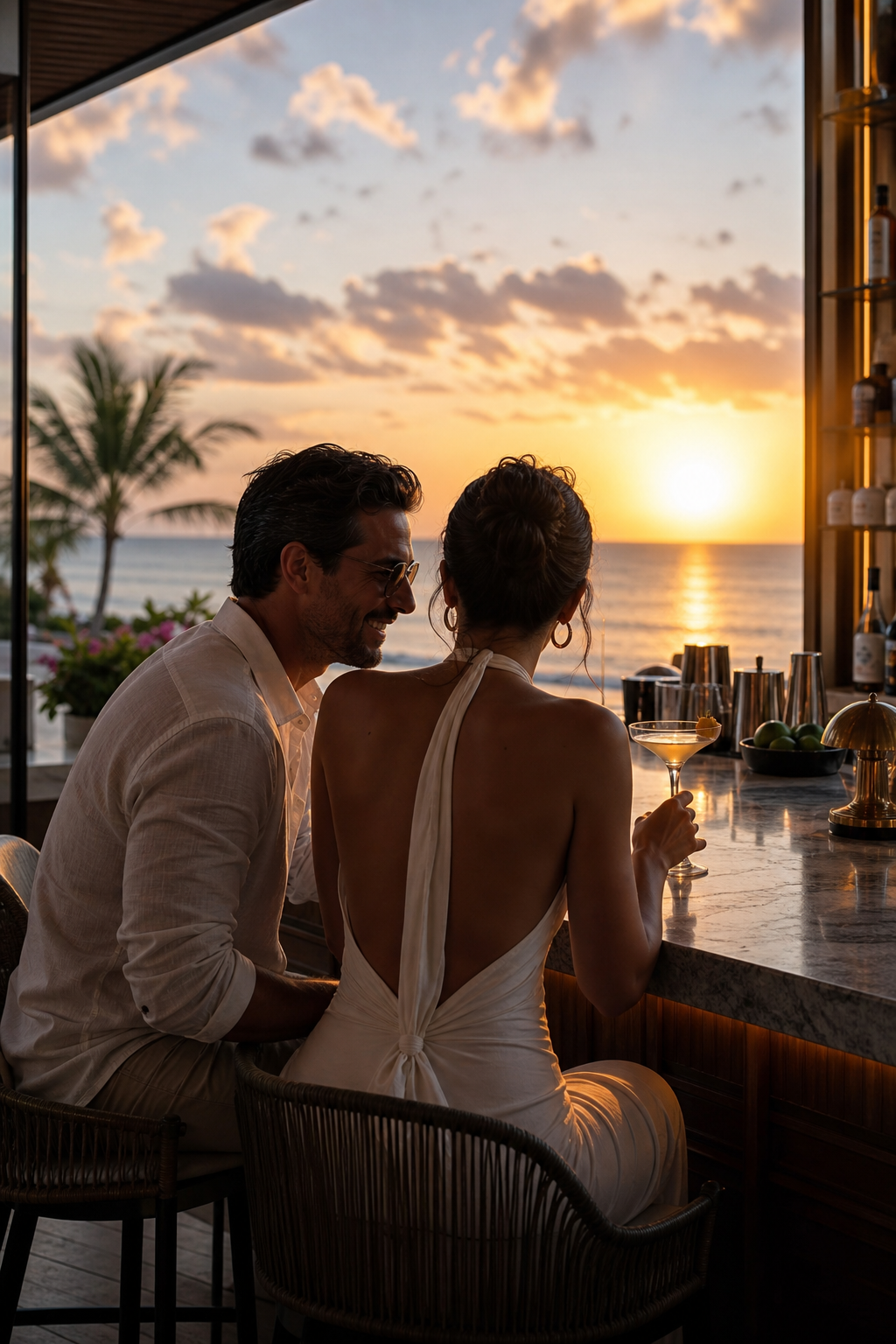 A photorealistic sunset cocktail bar at an adults-only resort overlooking the ocean, with a couple in stylish attire. Alt: Adults-only luxury all inclusive resort bar sunset.