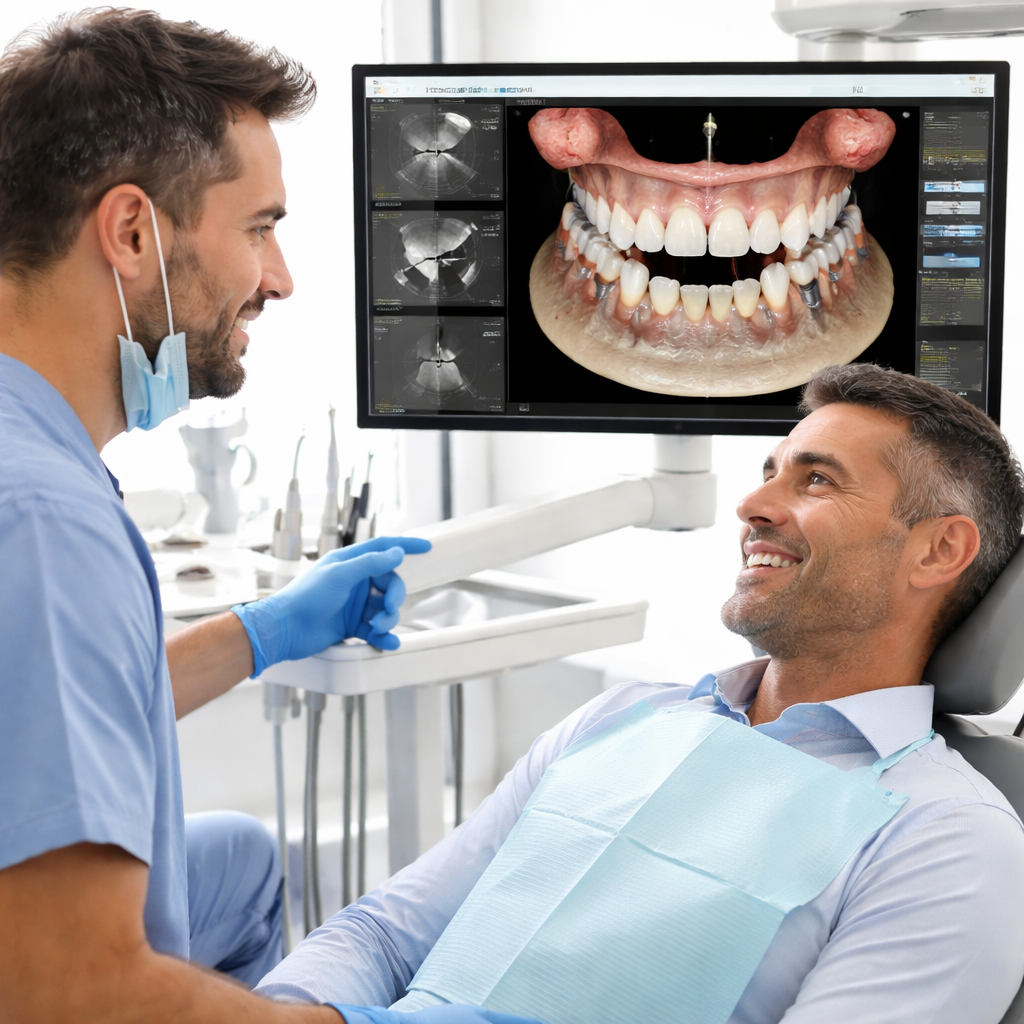 A realistic dental clinic scene showing a dentist using 3D digital imaging to plan an All‑on‑4 implant, with a patient smiling in a modern chair. Alt: all on 4 dental implant planning, Turkey, digital scan.