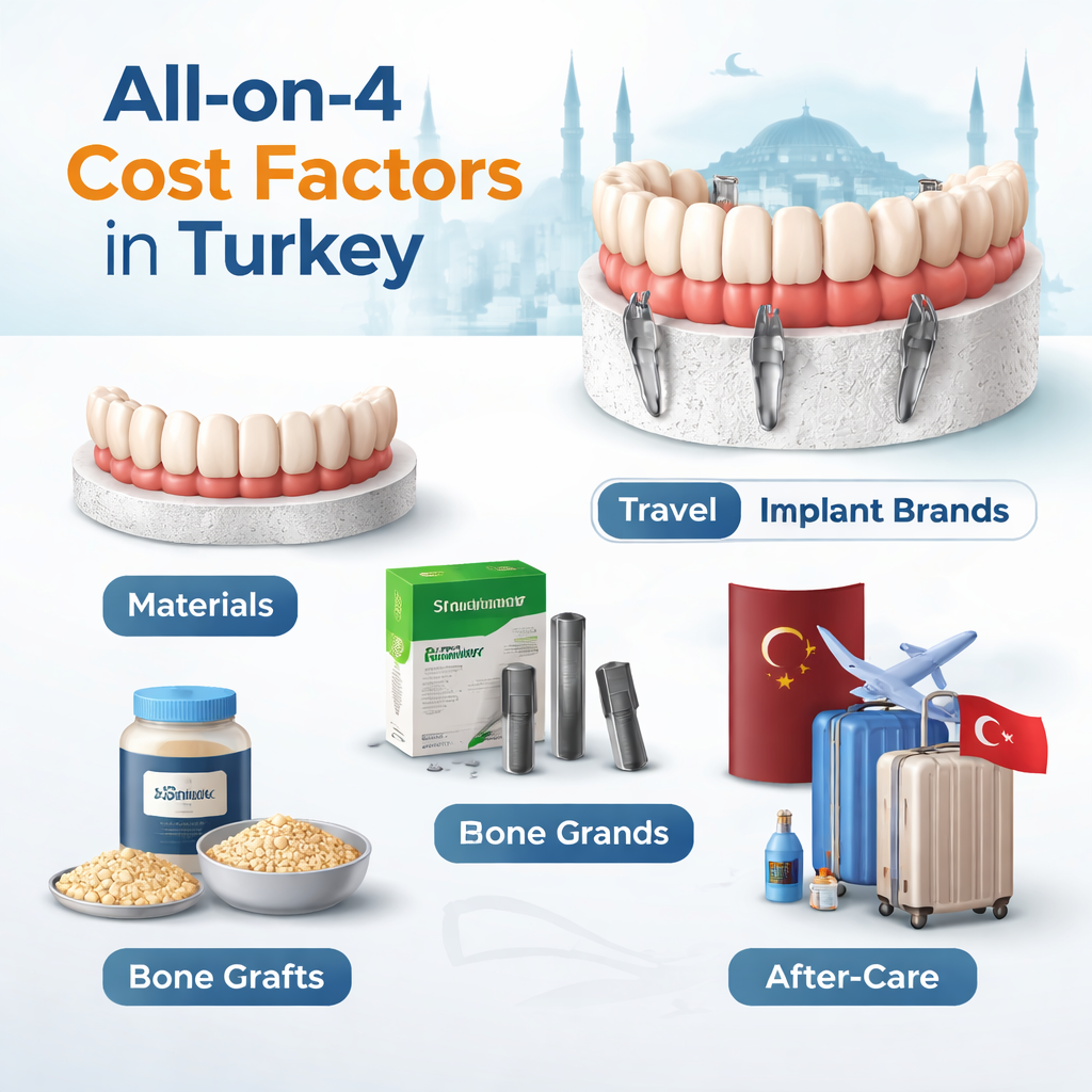 A realistic infographic showing a breakdown of All‑on‑4 cost factors in Turkey, with icons for materials, implant brands, bone grafts, travel, and after‑care. Alt: all on 4 cost factors Turkey infographic.