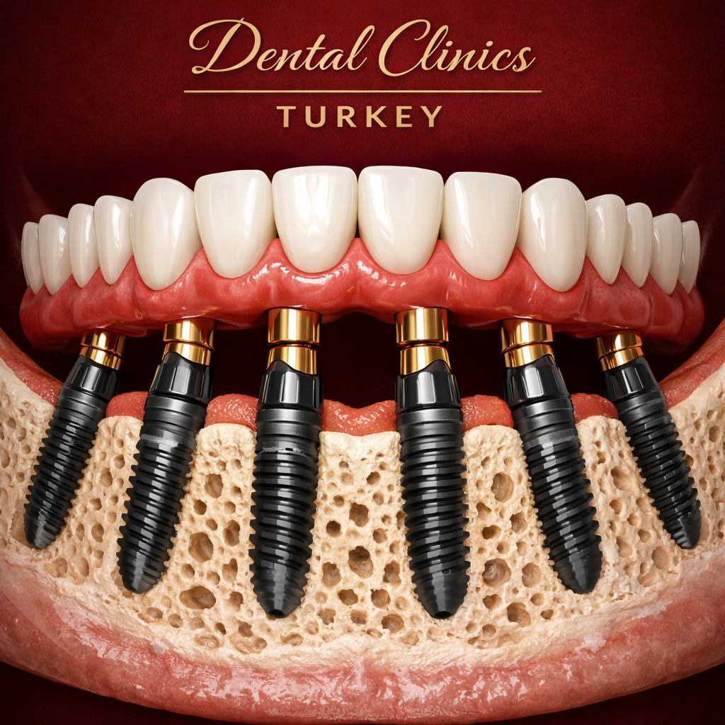 All-on-6 dental implant placement diagram with six implants supporting a full arch bridge