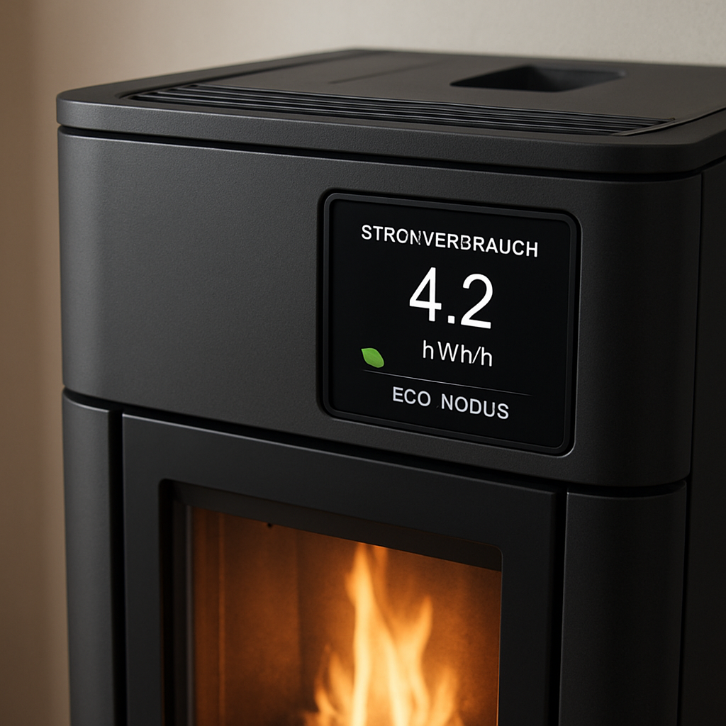 Eine moderne Pelletheizung mit digitaler Anzeige, die den aktuellen Stromverbrauch in kWh/h zeigt. Alt: Pelletofen Stromverbrauch Anzeige, energieeffizient, Eco‑Modus.