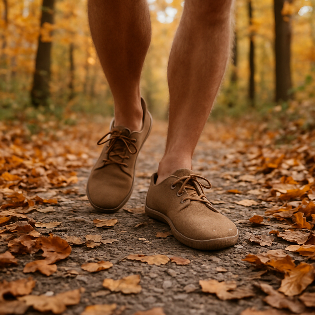 En vacker skogsstig på hösten med en vandrande person i lätta barfota skor, fokus på fötterna som rör sig naturligt över löv och grus. Alt: barfota skor i outdoor‑aktiviteter, naturlig fotrörelse.
