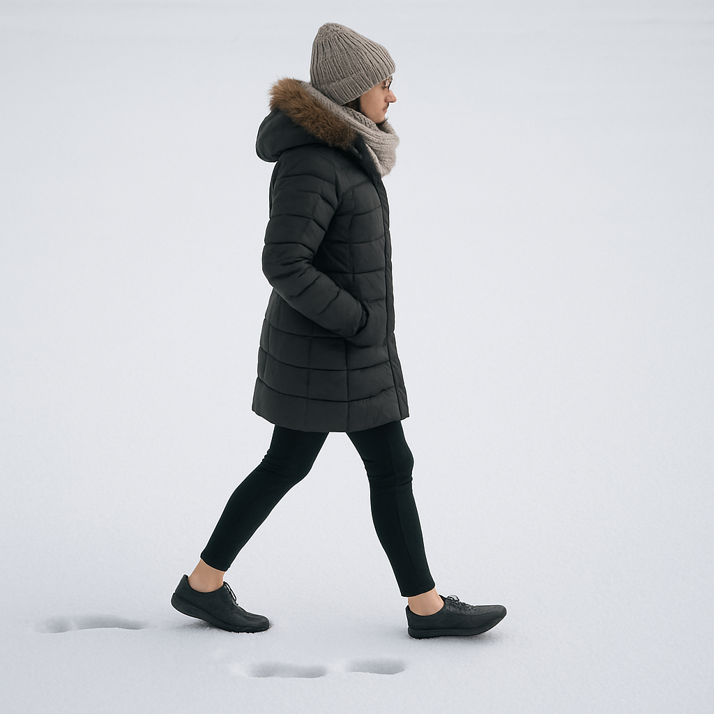 En kvinna i vinterkläder som går på snö med minimalistiska barfotaskor, tydligt synliga tåspår i snön. Alt: barfotaskor dam vinterfotografering