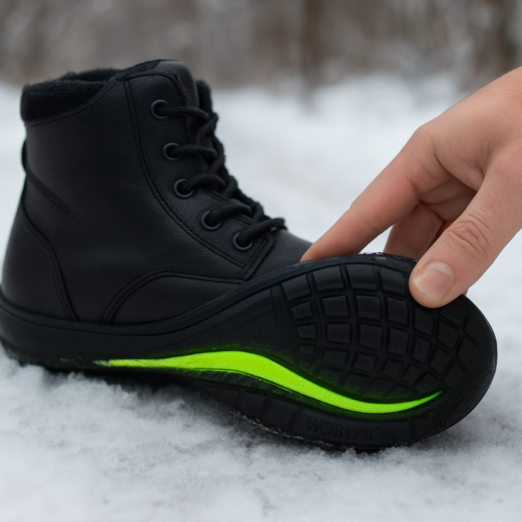 En närbild på en Be Lenka Rebound Thermo sko som visas på en snötäckt stig, med fokus på den reflekterande ThermoGrip-sulan och en hand som stryker över sulan för att visa dess flexibilitet. Alt: Be Lenka Rebound Thermo – detaljerad bild av värmesulan i vintermiljö.