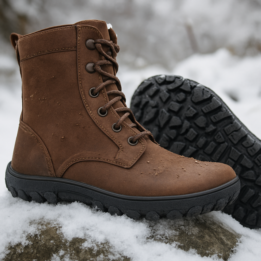 En närbild av en ren Be Lenka Snowfox-känga på en snötäckt sten, med fokus på DeepGrip‑sulan och vattentätt membran. Alt: be lenka snowfox underhåll och säkerhet, ren känga i vintermiljö.