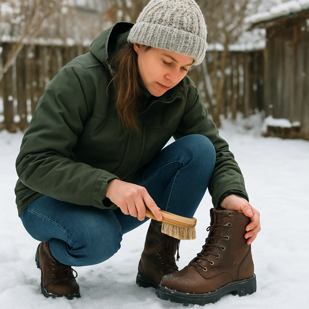 En kvinna som putsar sina vinterkängor med en mjuk borste på en snötäckt bakgård. Alt: skötsel av halkfria vinterskor dam för långvarig grepp.