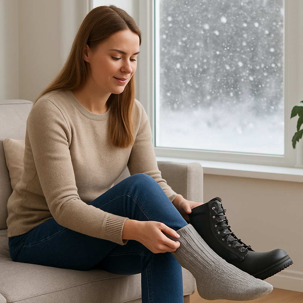 En kvinna sitter i en ljus lägenhet med en ny militärkänga i handen, provsätter den med tjocka vinterstrumpor, bakgrunden visar snö som faller utanför fönstret. Alt: Köp militärkängor dam säkert online med hemmaprovaning.
