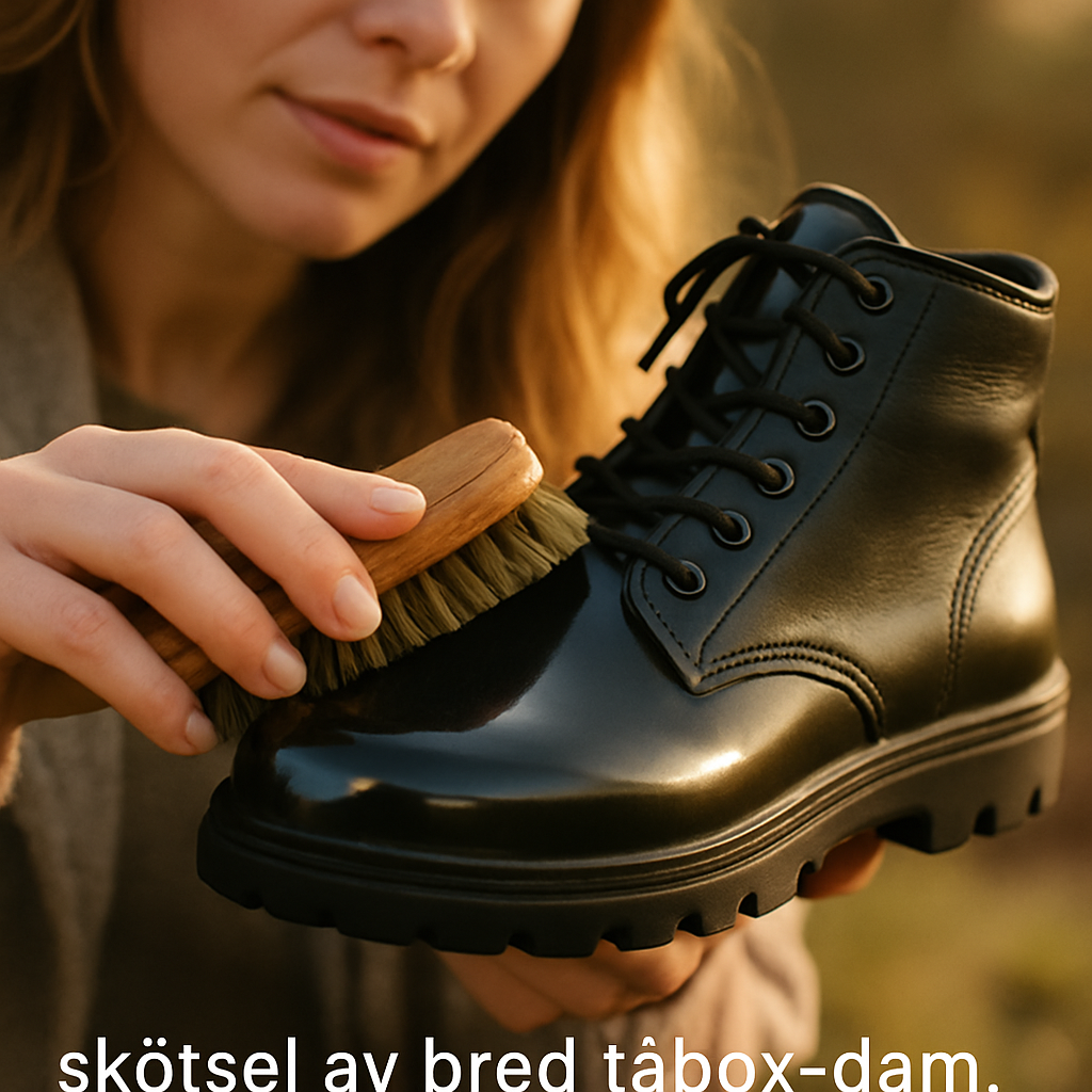 En närbild på en kvinna som putsar sina breda tåbox‑skor med en mjuk borste, solens mjuka ljus reflekteras i den blanka ytan. Alt: skötsel av bred tåbox dam, skovård, vinterskor med bred tåbox