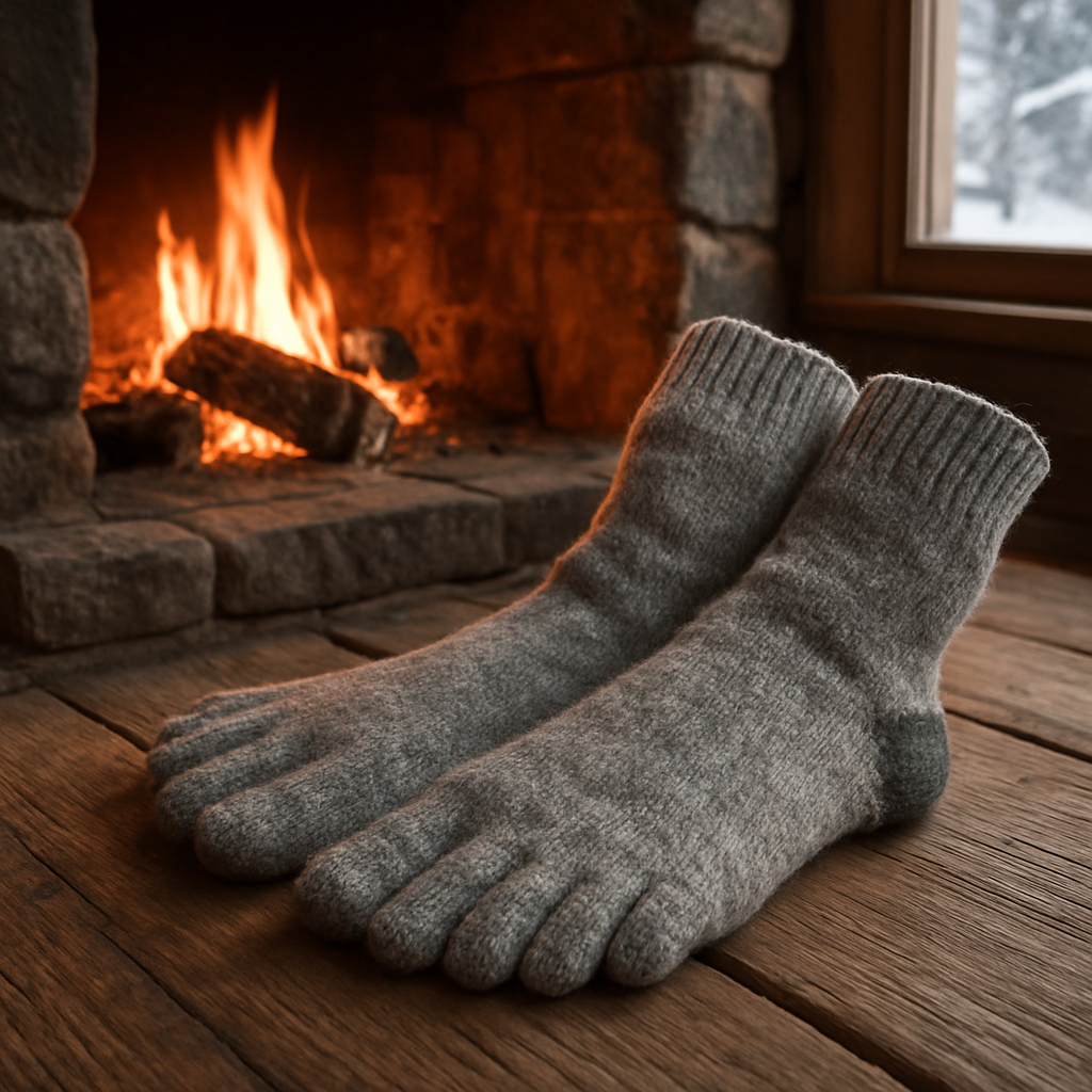 A cozy winter scene showing a pair of wool toe socks inside a cabin, near a fireplace. Alt: tåstrumpor ull värme komfort