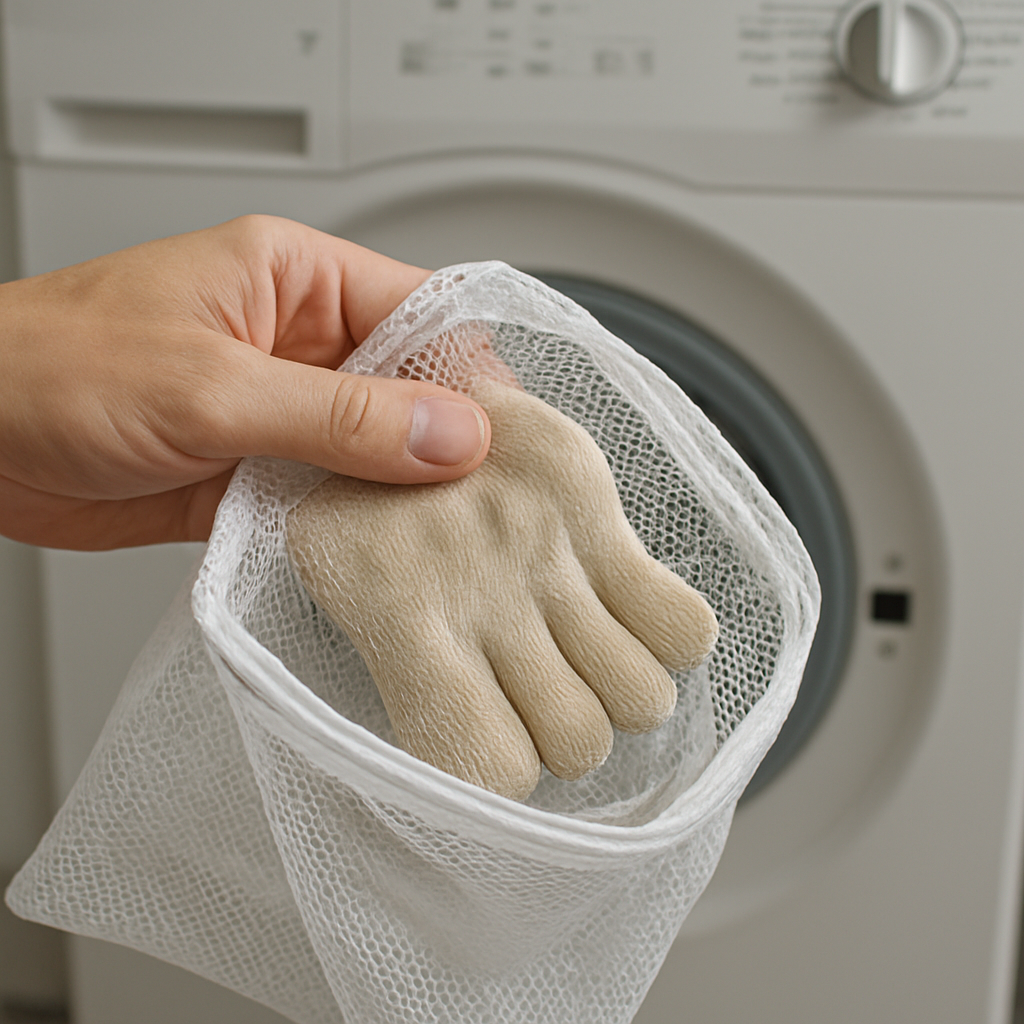 En närbild av en hand som tvättar en tunn tåstrumpa i en tvättpåse, med en skonsam tvättmaskin i bakgrunden. Alt: skötsel och tvätt av tåstrumpor