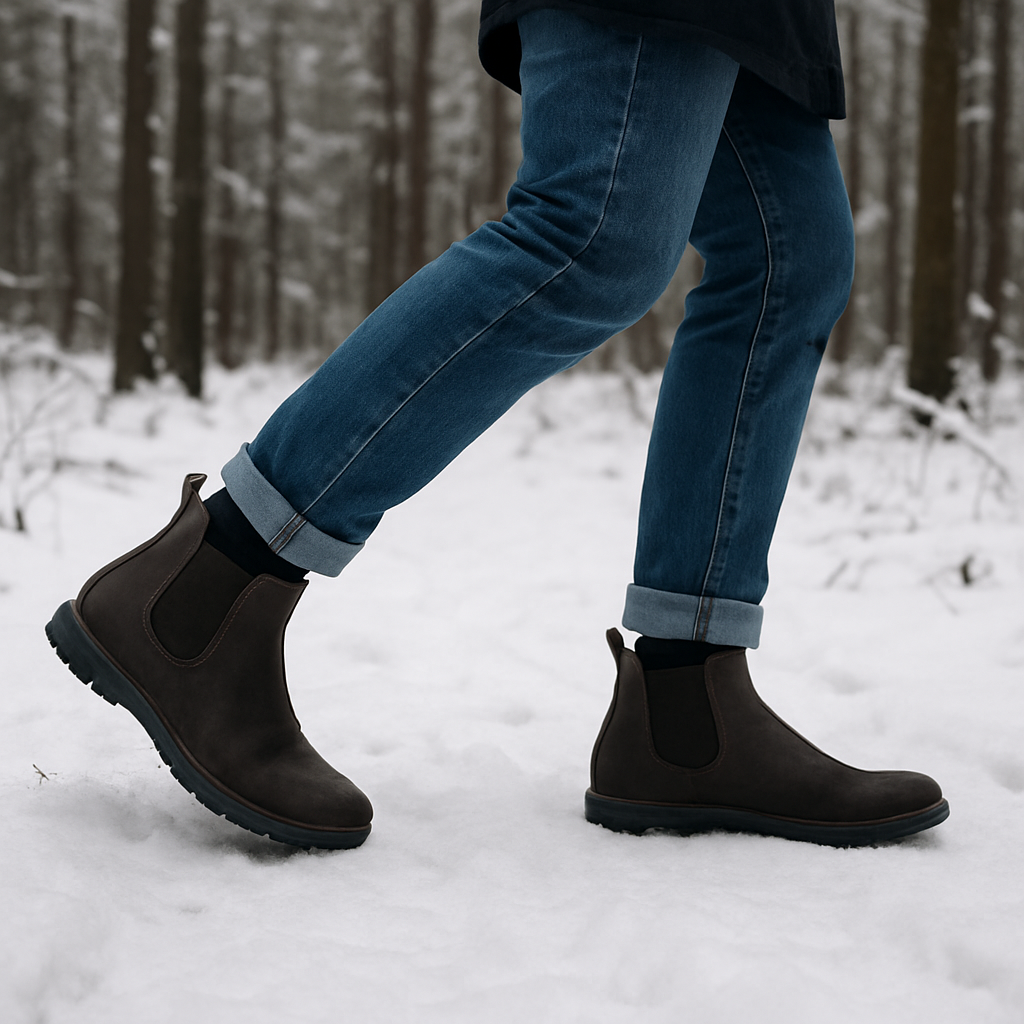 En person som går på snötäckta skogar med zero drop Chelsea boots, fokus på fotens naturliga rörelse. Alt: zero drop chelsea boots naturlig fotrörelse vinter