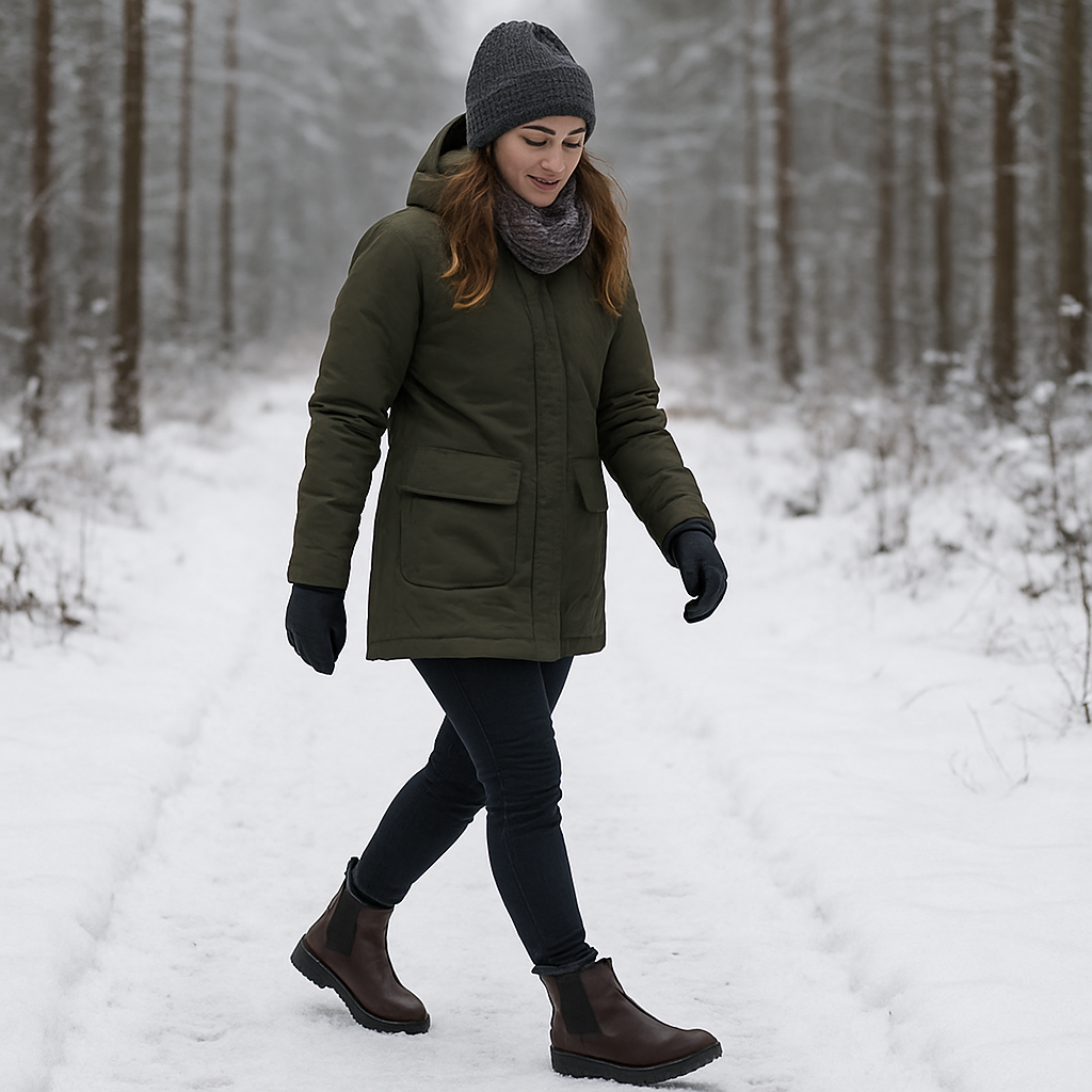 En kvinna i vinterkläder på en snötäckt stig, bär zero drop chelsea boots med tydlig UniGrip‑sula. Alt: jämförelse mellan zero drop chelsea boots och traditionella läderskor, med fokus på fotens naturliga rörelse och grepp på is.