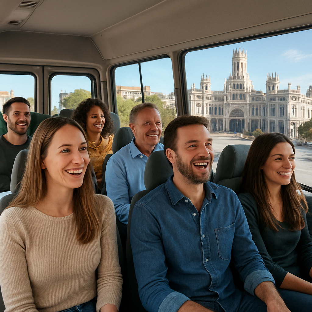 A minibus interior with happy passengers, windows showing Madrid skyline. Alt: alquiler minibus madrid con conductor smooth ride