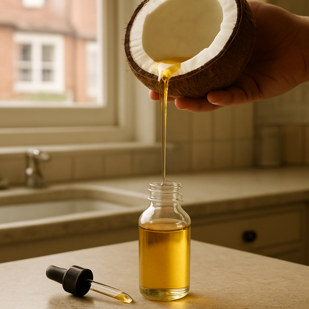 A photorealistic close‑up of golden‑colored MCT oil being poured from a coconut shell into a small glass dropper, soft natural lighting, British kitchen countertop, emphasizing purity and sustainability. Alt: flydende guld MCT olie fra kokosnød