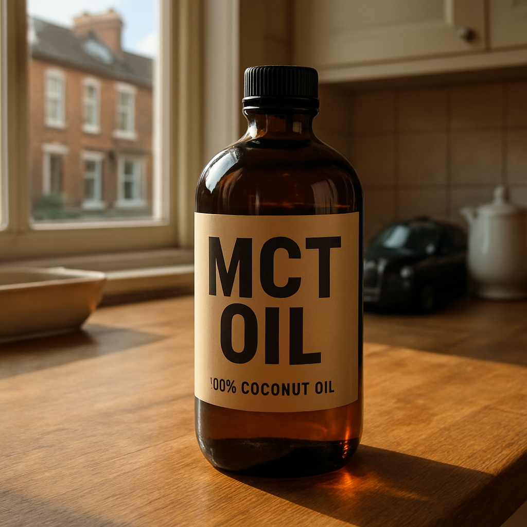 A photorealistic close‑up of a dark glass bottle of clear MCT oil on a wooden kitchen counter, sunlight streaming through a London kitchen window, highlighting the oil’s viscosity, alt: MCT olie i mørk glasflaske på køkkenbord i britisk hjem