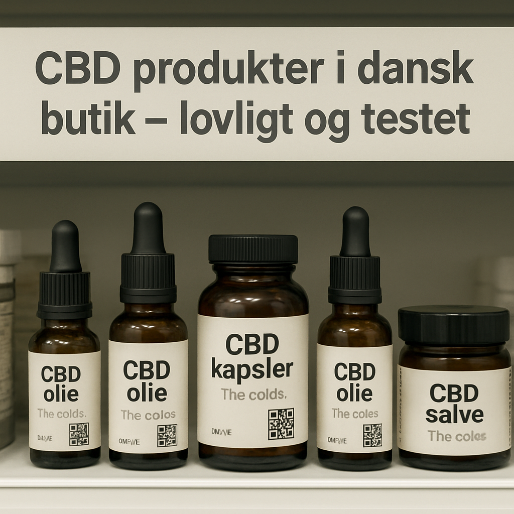 En dansk apotekshylde med flere CBD‑produkter i neutrale glasflasker, tydelige etiketter med THC‑indhold under 0,2 %, og et lille QR‑kode‑badge på hver. Alt: “CBD produkter i dansk butik – lovligt og testet”. Alt: CBD produkter i Danmark