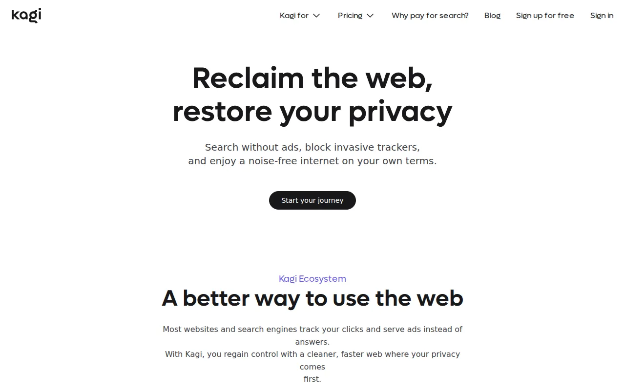 Screenshot of the Kagi website
