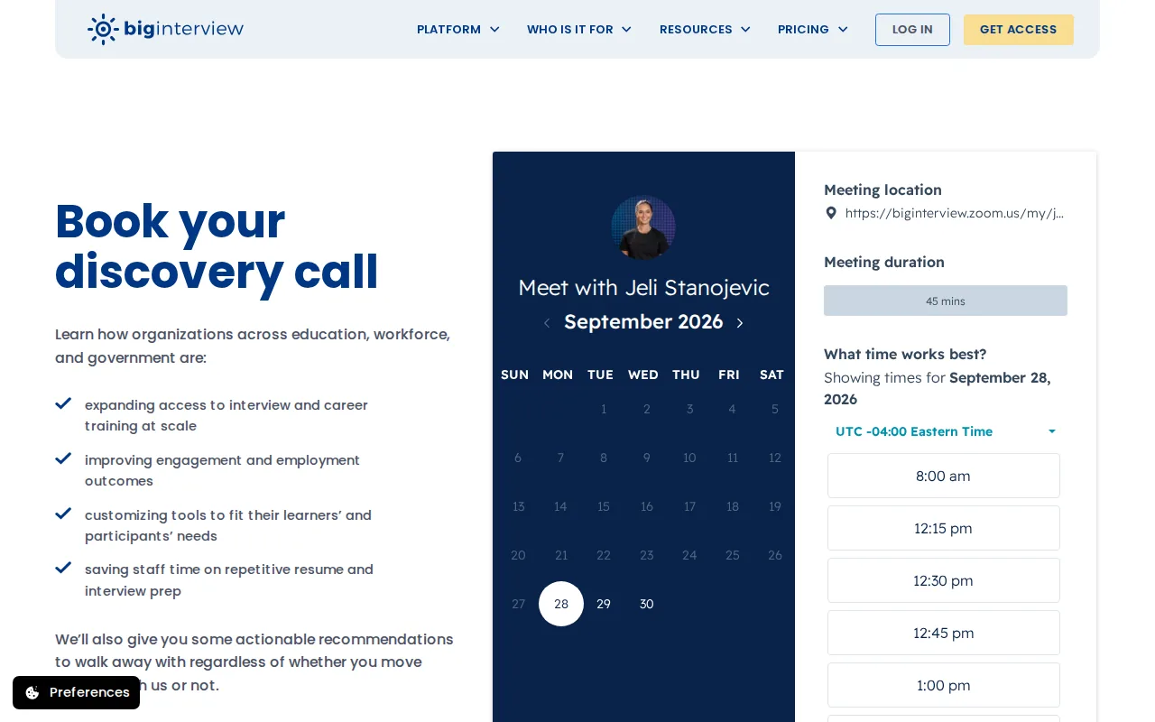 Screenshot of the Big Interview website