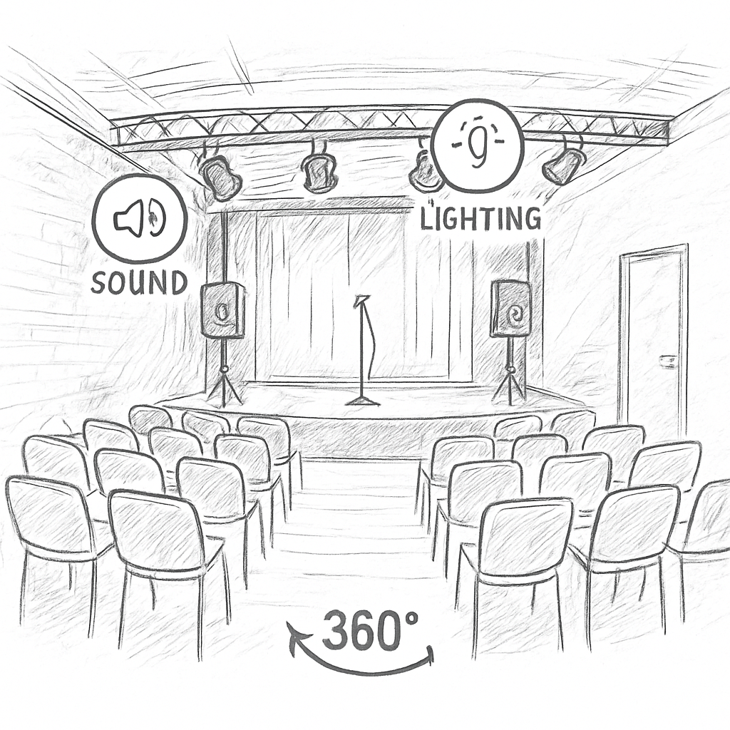 A high‑resolution 360° virtual tour of a small concert venue with hotspots highlighting sound and lighting equipment. Alt: visite virtuelle Kuula salle de concert 360° économique