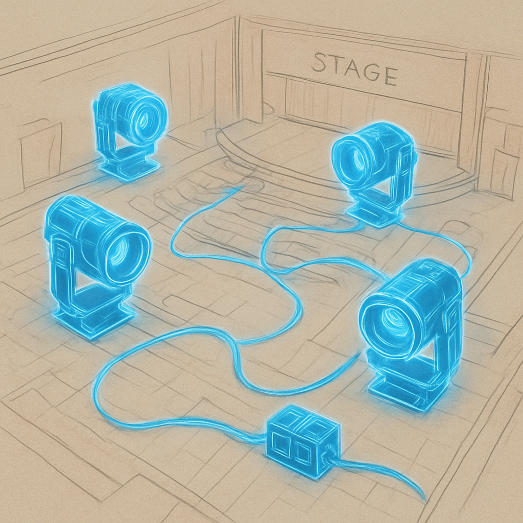 A high‑resolution AR overlay of stage lighting equipment on a concert hall floor plan, showing holographic projectors and cables. Alt: Metareal réalité augmentée rendu haute qualité pour salles de concert