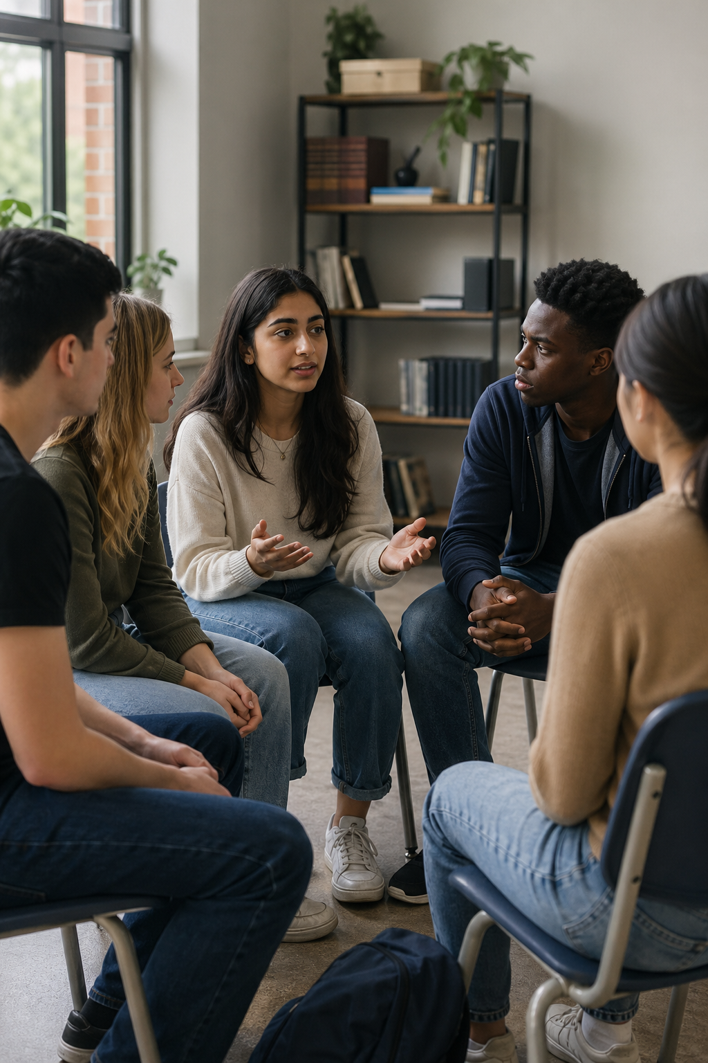 A photorealistic image of a diverse group of young people sitting in a circle, engaged in a thoughtful discussion. Alt: Young people discussing core virtues and moral character in a group.