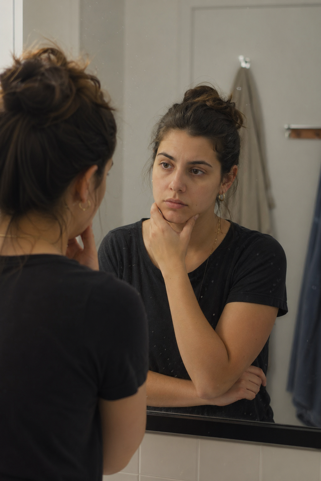 A photorealistic image of a person standing in front of a mirror, with a thoughtful expression, reflecting on their actions. Alt: A person reflecting on their moral choices in front of a mirror.