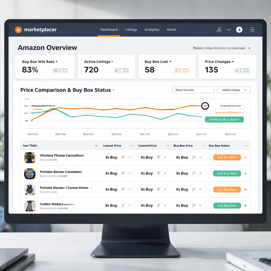 A photorealistic scene of an Amazon seller dashboard showing live price comparison graphs and Buy Box status, realistic lighting, clean interface, appealing to enterprise e‑commerce teams. Alt: Amazon buy box optimization service price monitoring dashboard.