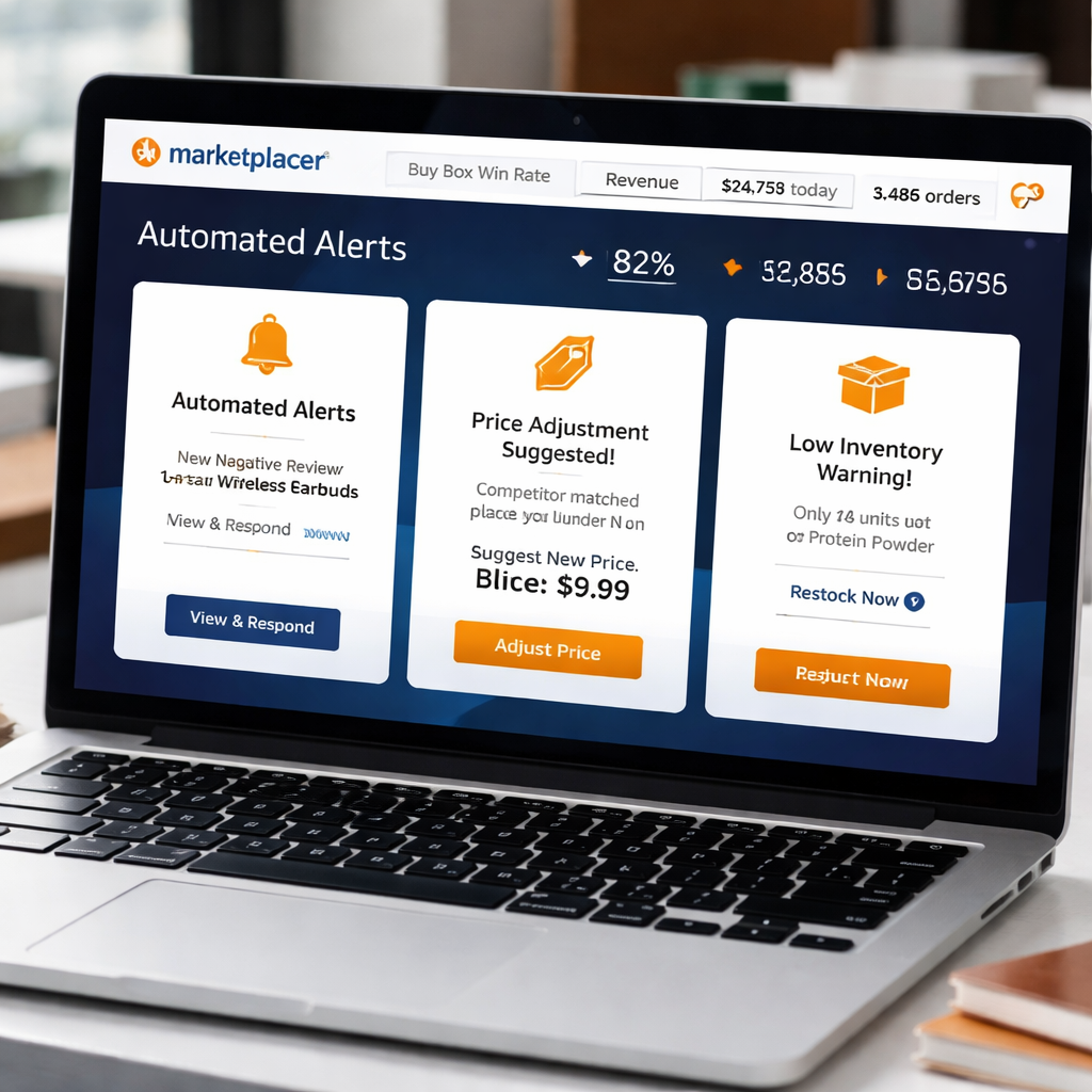 A photorealistic scene of an Amazon seller dashboard showing automated review alerts, price adjustment suggestions, and inventory notifications in real time. Alt: Automated feedback and review handling for Amazon Buy Box optimization.