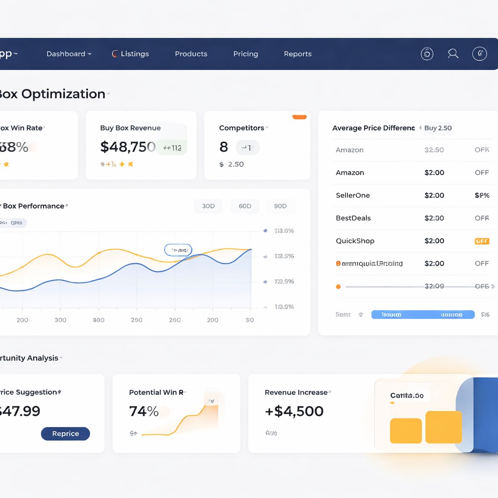 A professional dashboard interface showing Buy Box analytics with performance charts, competitor pricing data, and revenue metrics in a clean, modern design. Alt: SellerApp Buy Box optimization dashboard showing competitor analysis and pricing strategies