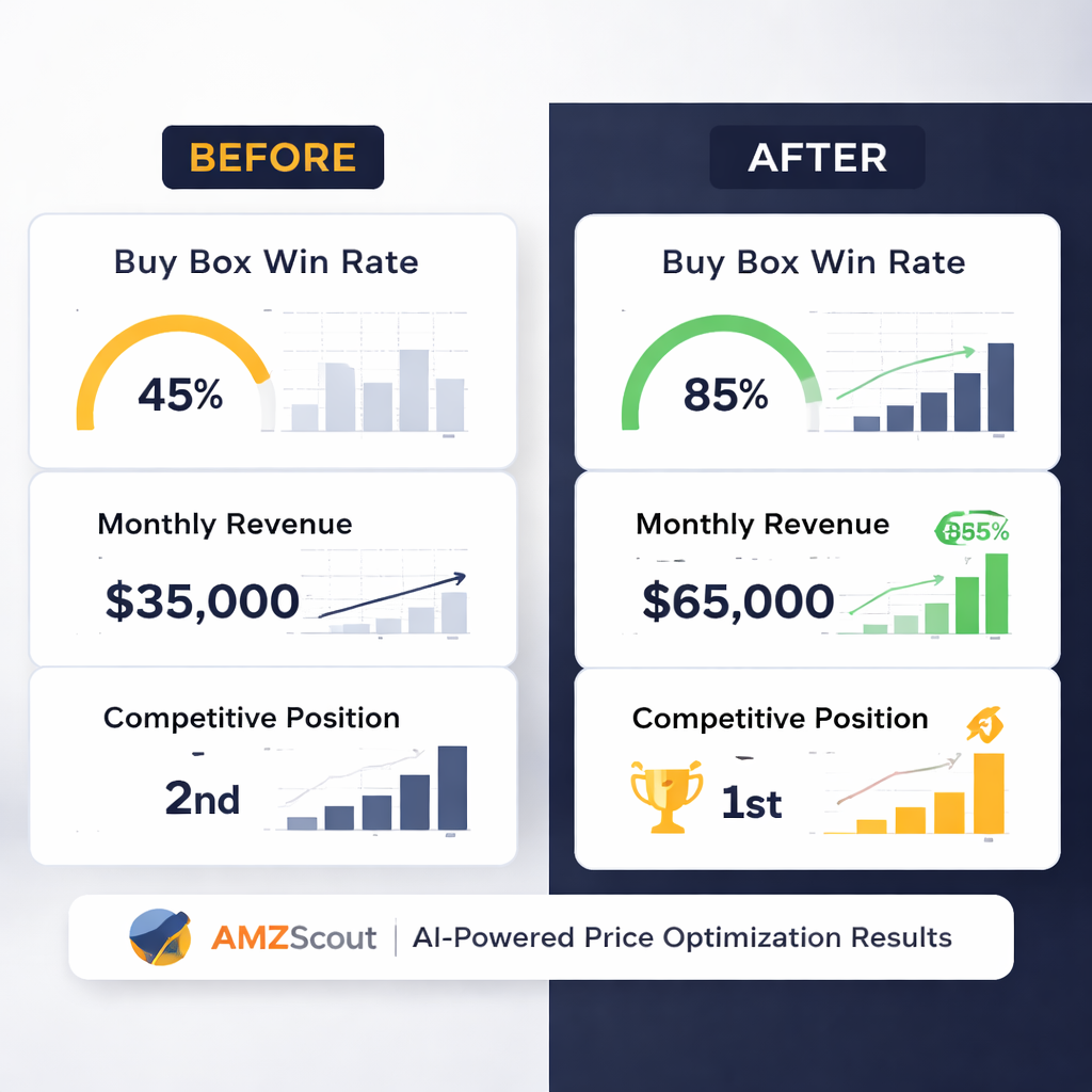 A split-screen comparison showing before and after Buy Box performance metrics with charts displaying increased win rates, revenue growth, and competitive positioning data. Alt: AMZScout AI-powered price optimization results showing Buy Box win rate improvements and revenue impact