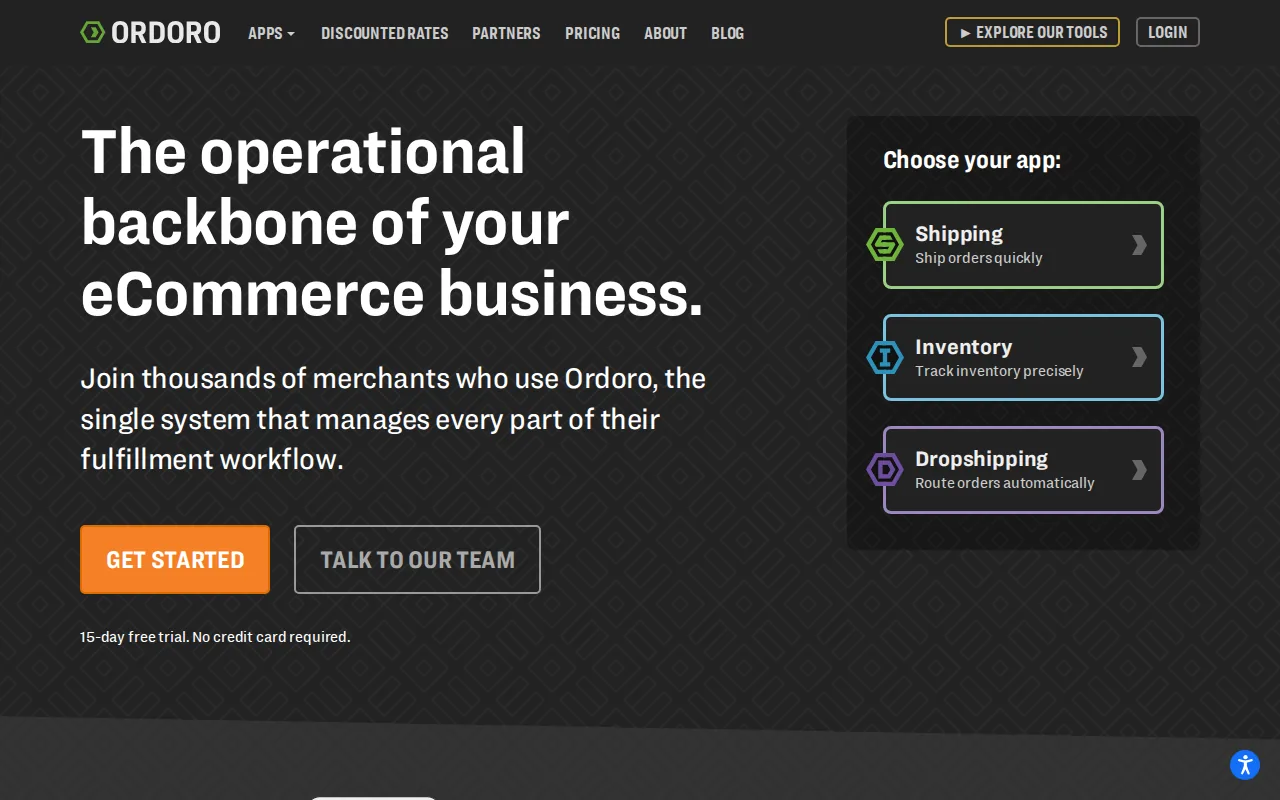 Screenshot of the Ordoro website