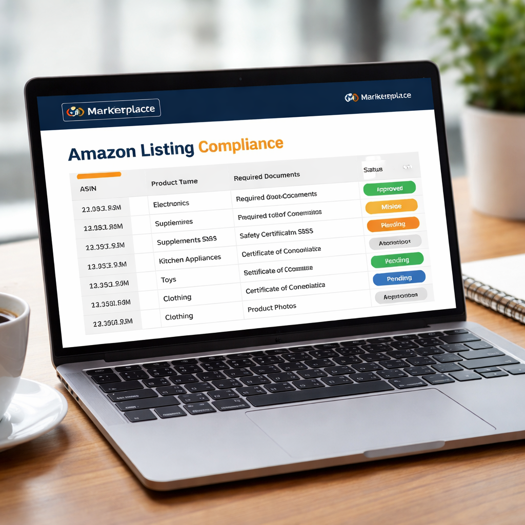 A realistic photo of a laptop screen showing an Amazon listing compliance spreadsheet, with columns for ASIN, product type, and required documents. The scene includes a cup of coffee and a notebook, conveying a professional audit setting. Alt: Amazon listing compliance audit spreadsheet view in realistic style.