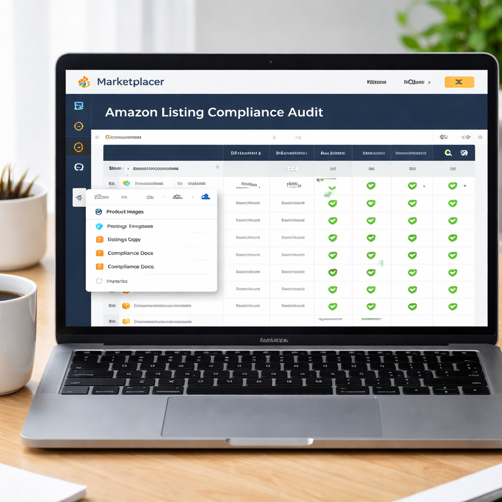 A realistic photo of a laptop screen showing an Amazon compliance audit spreadsheet with green check marks, a shared cloud folder window, and a coffee mug. Alt: Amazon listing compliance audit dashboard view in realistic style.