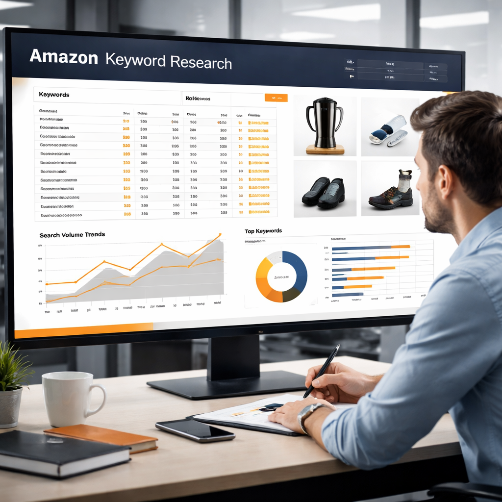 A photorealistic scene of an analyst reviewing Amazon keyword data on a large screen, with charts and product images visible. Alt: Amazon listing optimization keyword research visual.